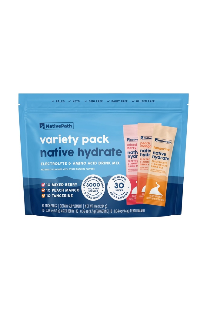 Packs de bâtons hydratants natifs NativePath avec électrolytes et acides aminés, lot de variétés, baies mixtes, mangue de pêche, Tangerine, 30 portions