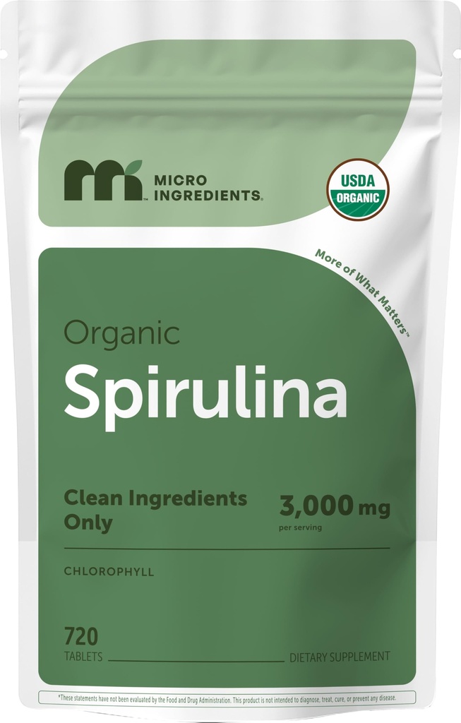 Micro ingrédients supplément de Spiruline biologique, 720 comprimés (4 mois d'approvisionnement), pas de remplissage et non-OGM, riche en protéines végétales, vitamines et prébiotiques, pilules de Spiruline Premium