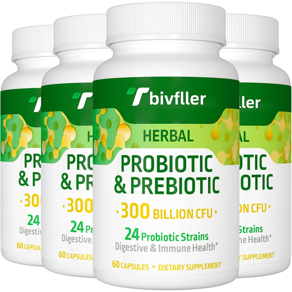 Probiotiques pour les femmes Hommes- 300 milliards CFU, 24 souches Probiotique+15 Herbes biologiques Prébiotiques Mélange, pré et probiotiques, pour la santé digestive, Immune et Gut, Diarrhée, Bloating, Vegan, 8 mois d'approvisionnement