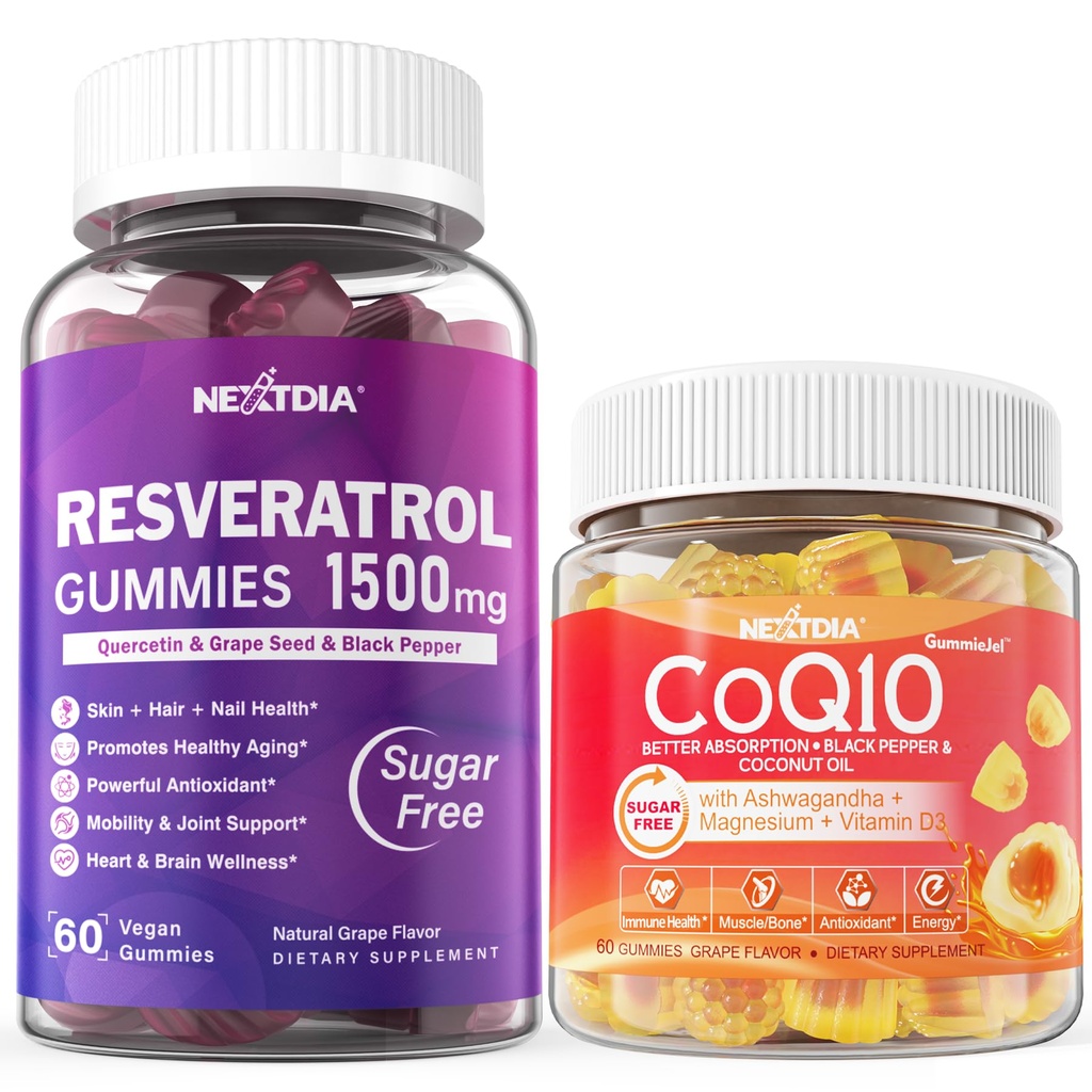 Zuckerfreie Resveratrol Gummie 1500mg + CoQ10 200mg 100mg gefüllte Gummis mit Magnesium Support Gesunde Alterung & Langlebigkeit