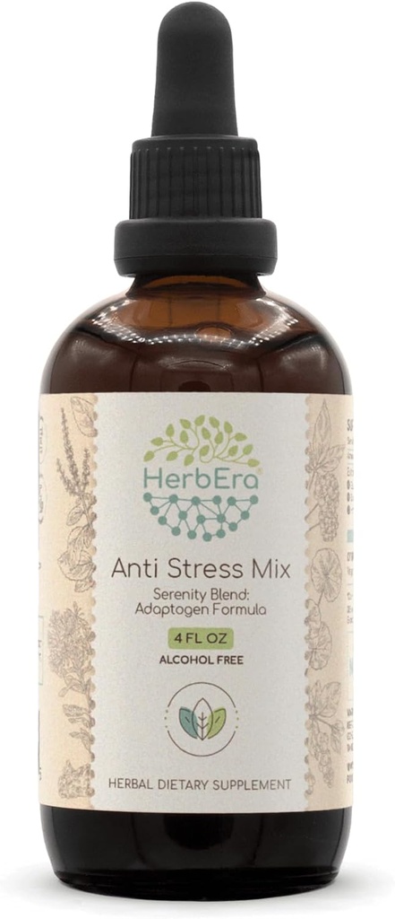 Anti-Stress-Mix B120 Alkoholfreie Extrakt-Tinktur, Eleuthero Root, Rhodiola Root, Schisandra Berry, Gotu Kola Kräuter, Heilige Basil Kräuter. Serenity Blend: Adaptogen Formel 4 Fl Oz
