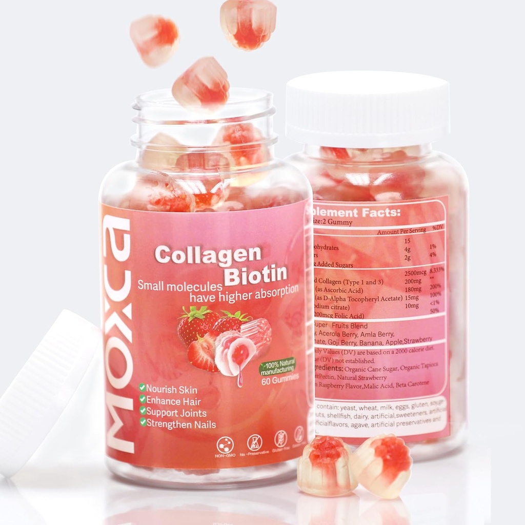 Collagène Gommies - 60 Comte,Hydrolyzed Collagène Type 1 & 3,Vitamine C E pour les femmes Hommes Hygiène des articulations de la peau Soutien,Non-OGM,Sans gluten,Sans gélatine (120 Comtes)