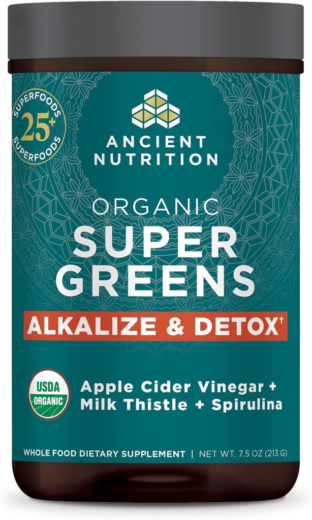 Antike Ernährung Supergreens Alkalize & Detox Pulver, Bio-Superfood-Pulver aus echten Früchten, Gemüse und Kräutern, für Verdauungs- und Energieunterstützung, 25 Servierungen, 7,5 Unzen
