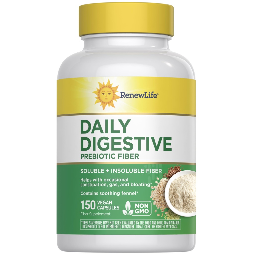 Renew Life Adult Daily Digestive Prebiotic Fiber, 150 Vegetarian Capsules (Package May Vary)
