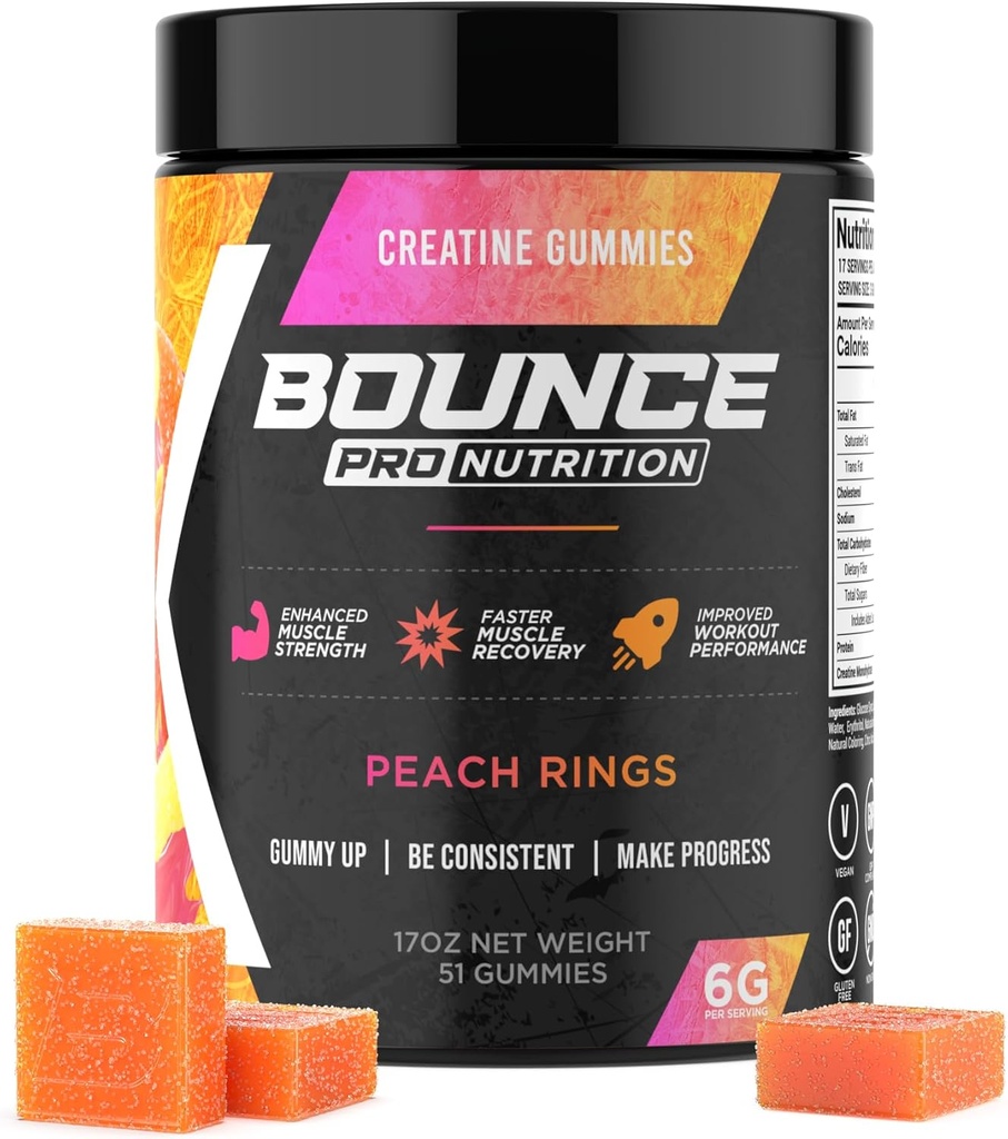 Bounce Pro Gommies monohydratées pour les hommes et les femmes, Basse calories, 6G de créatine par portion, Vegan, Anti-Melting, Sans gluten, Non-OGM, 2g de créatine par Gummy (51ct, Anneaux de pêche)
