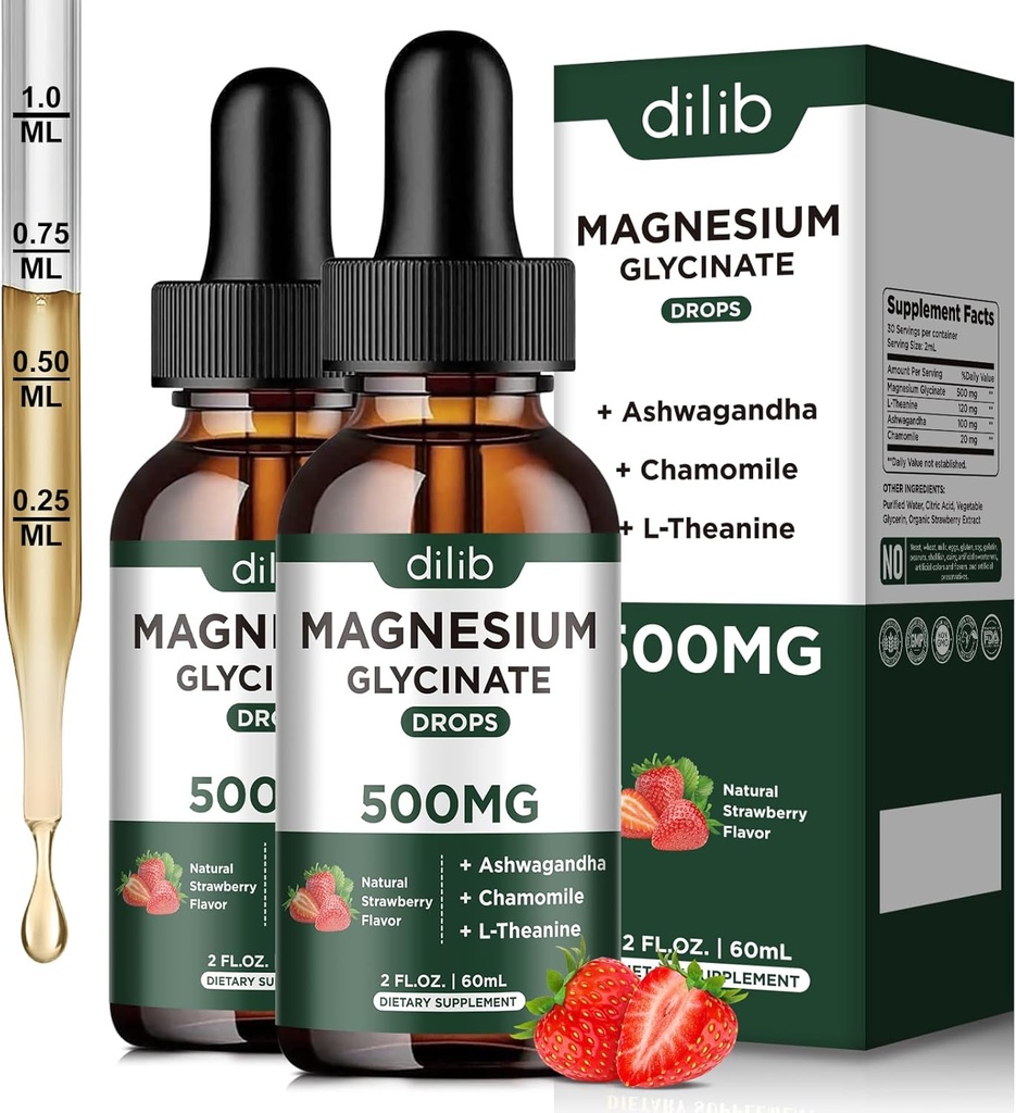 Magnesium Glycinate Flüssige Tropfen Ergänzung, mit Magnesium Glycinat 500mg Ashwagandha, L - Theanin, Kamille -Unterstützung Stress Relief, Knochen, Muskel, Mood Erdbeeren Flavor 2Pack