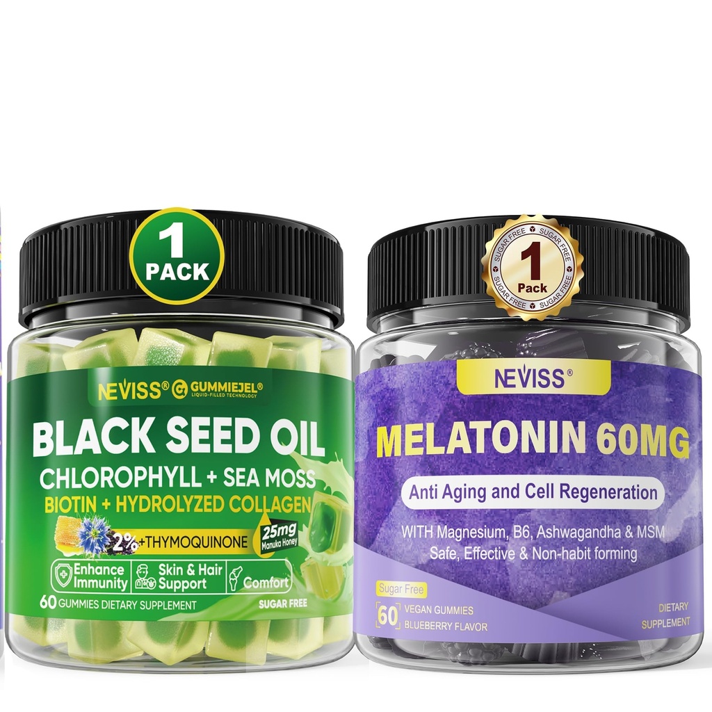 NEVISS Melatonin 60mg Gummi + Schwarz gesägte Ölgummis