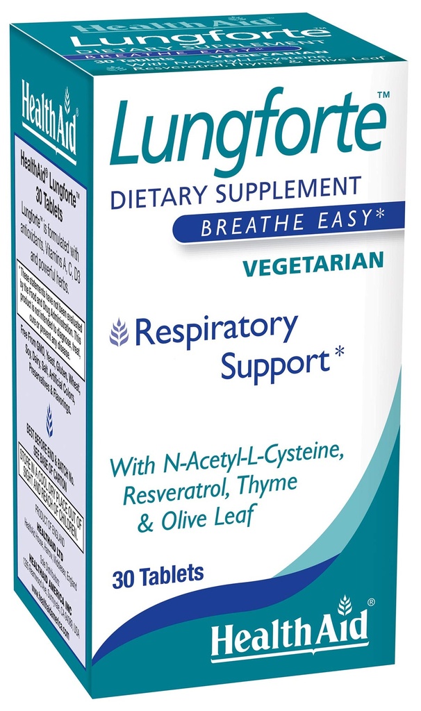 HealthAid LungForte 30 Tabletten – Tägliche Antioxidante Lung Unterstützung mit NAC, Resveratrol, Olivenblatt, Thyme & Vitamine A, C & D3 – Vegetarisch, Non‐GMO