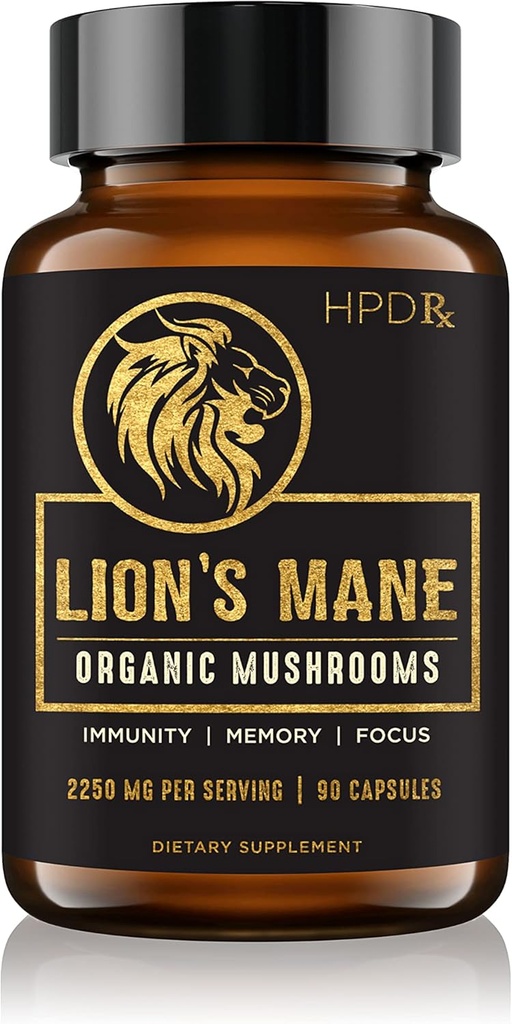 HPD Rx Lion.S Mane Mushroom Extract Capsules Nootropes naturelles, supporte Mémoire et Focus, Immunity Booster - Potent Mushroom Supplément.