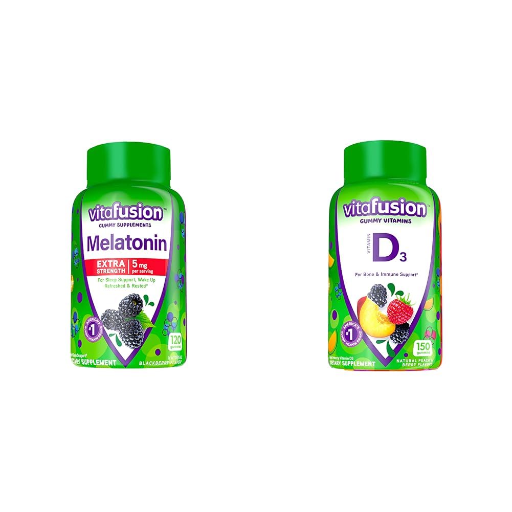 Vitafusion extra Stärke Melatonin Gummy Vitamine, 5mg, 120 ct Gummi & Vitamin D3 Gummy Vitamine für Knochen und Immunsystem Unterstützung