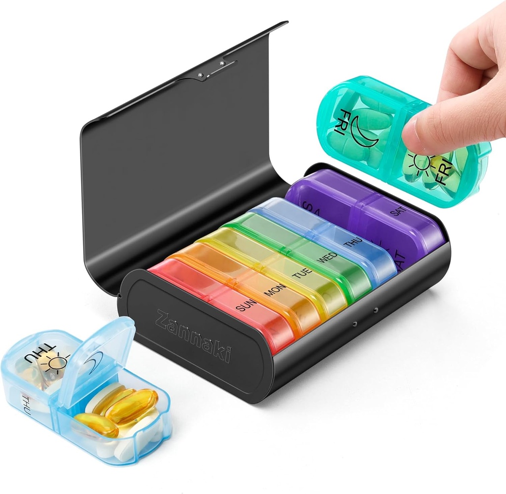 Zannaki Metall XL Wöchentliche Pille Organizer 2 Mal pro Tag, Große Reise täglich Pille Box 7 Tage, Portable Woche zweimal Pillenhalter Container, AM PM Pille Fall für Medizin Vitamin-Ergänzung, Schwarz