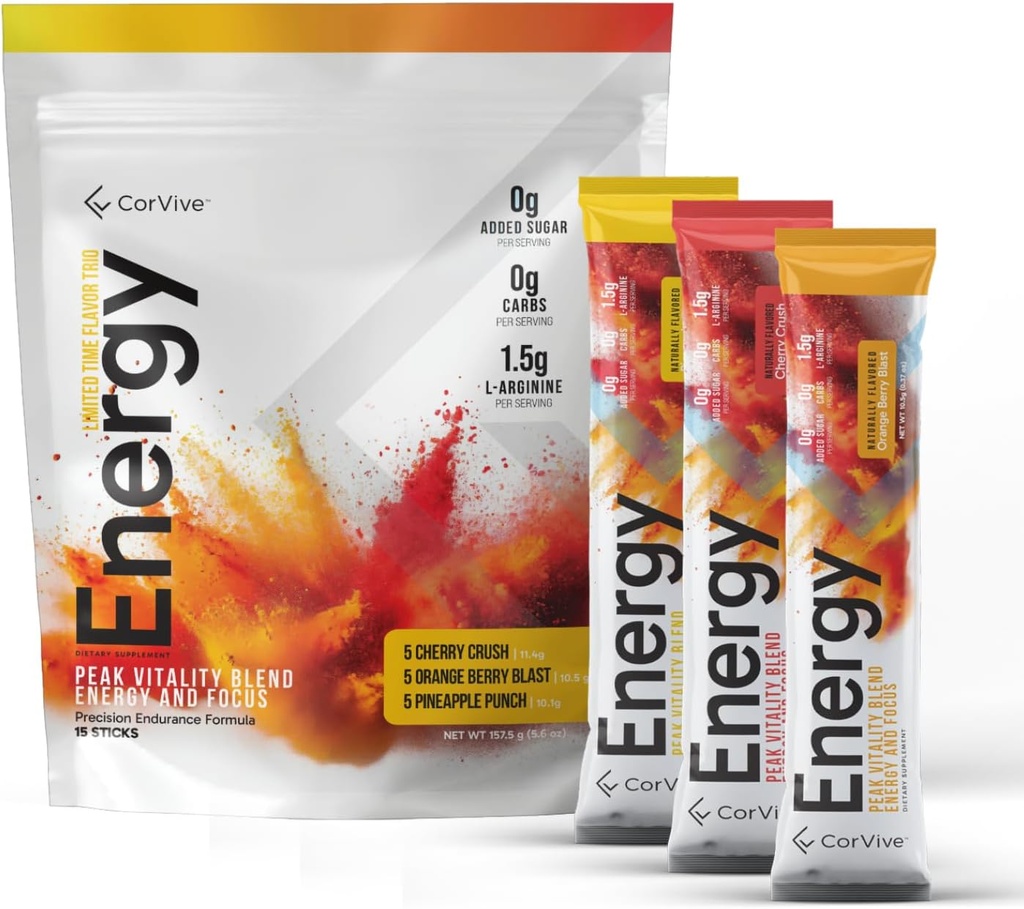 Energy Drink Mix Variety Pack - Natural Energy & Focus Supplement mit Carnosyn®, Ashwagandha, L-Arginin, Theobromine - Zero Sugar, 5 Kalorien, 120mg Koffein
