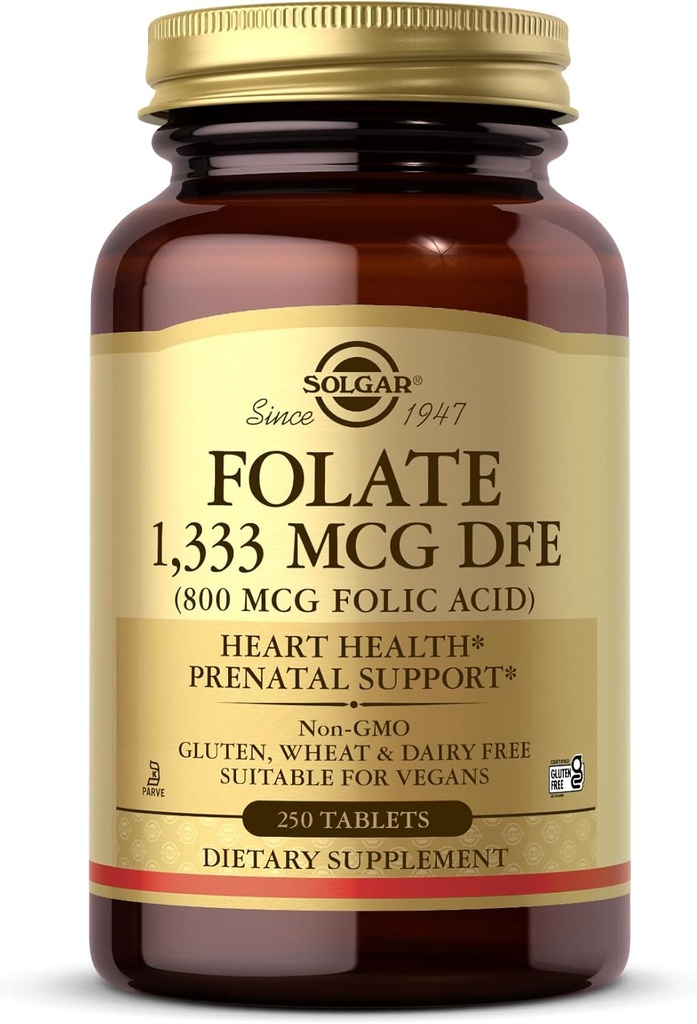 Solgar Folate 1.333 mcg DFE (Folsäure 800 mcg) - 250 Tabletten - Pränataler Support - Non-GMO, Vegan, Glutenfrei, Dairy Free, Kosher - 250 Servierungen