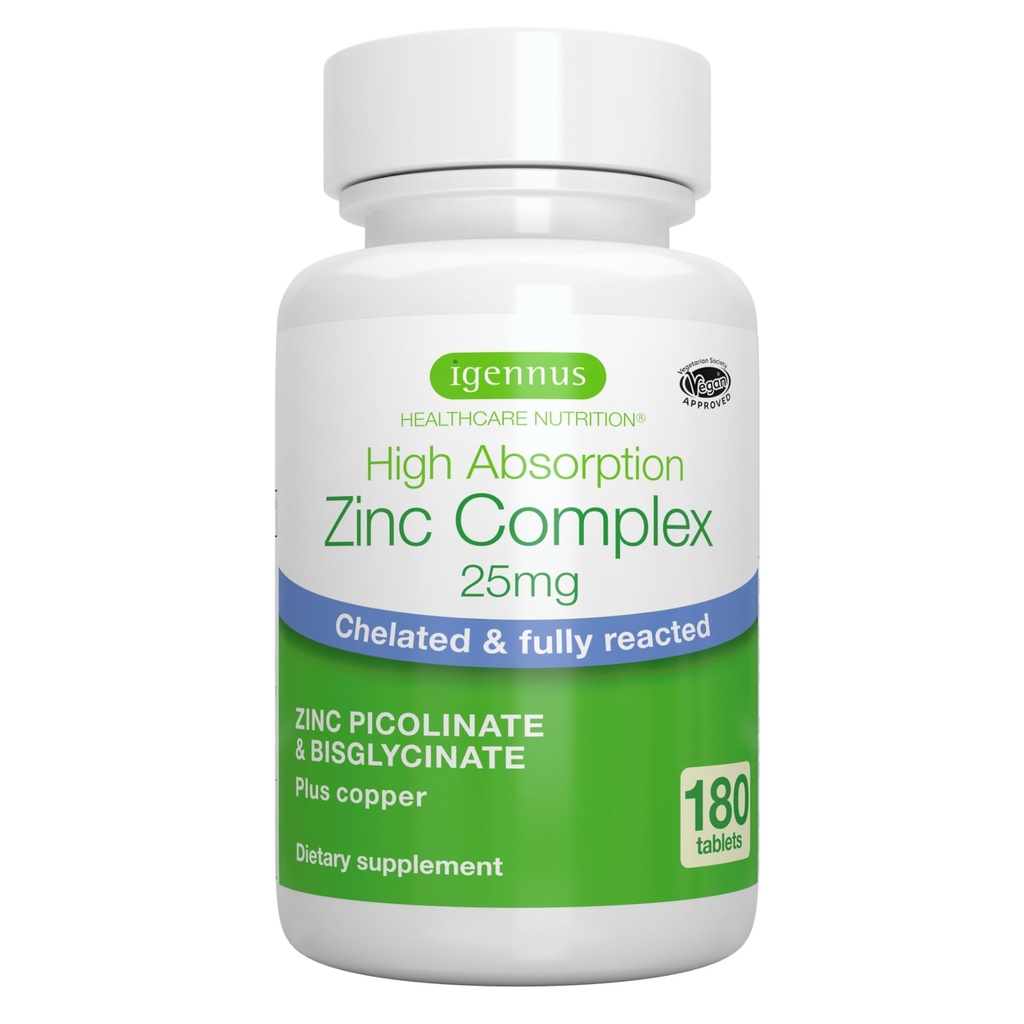 Igennus Clean Chelat Zink 25mg mit Kupfer, voll umgesetzt Picolinat & Bisglycinat, High Absorption Complex, Beilage für Frauen & Männer, Lab Verified, Non-GMO, Immun & Skin Support, 6 Monate Versorgung