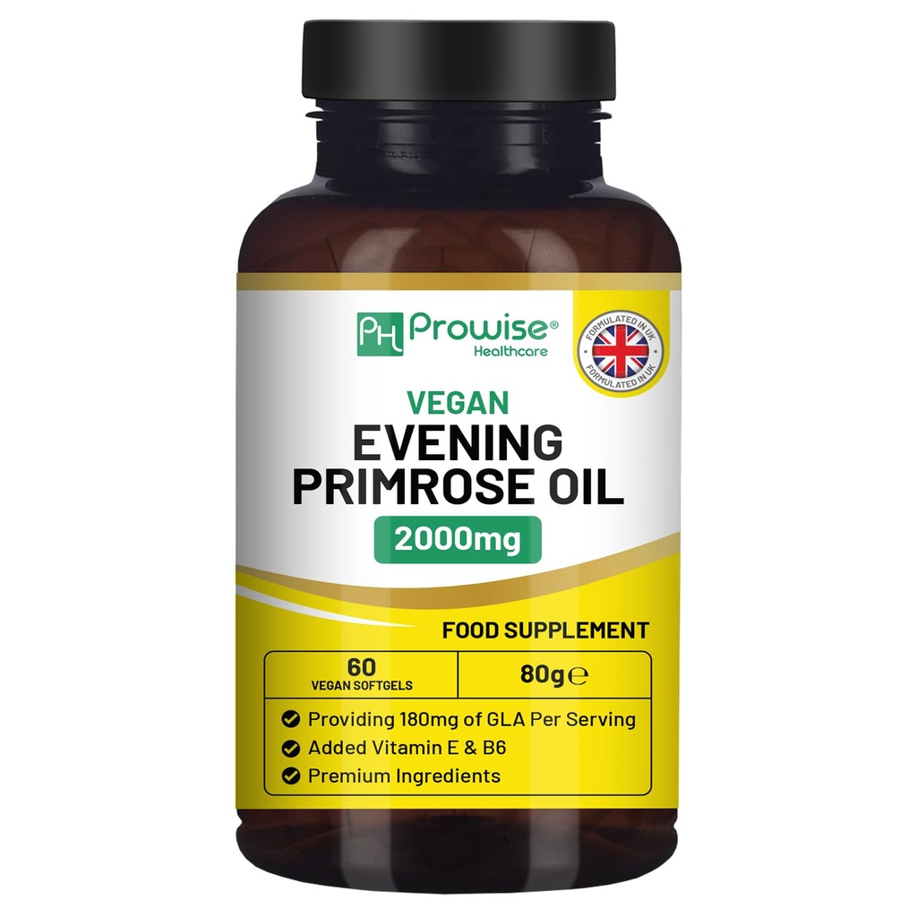 Vegan Evening Primrose Oil 2000mg with Vitamin E & B6 – 60 Vegan Softgels| Pure Cold Pressed I 180mg GLA per Capsule I Women's Health I Premium Quality I by Prowise Healthcare