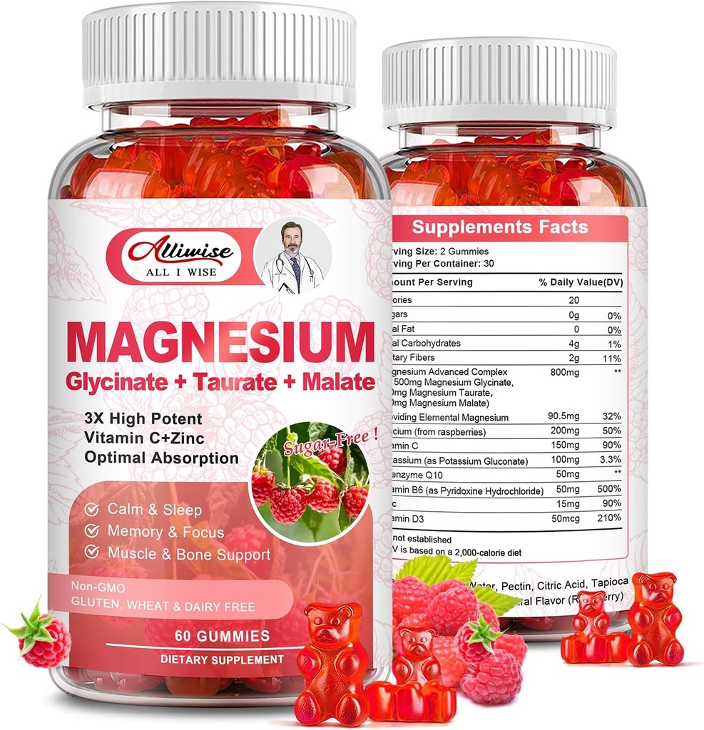 Magnesium Supplement Complex Gummies, Zuckerfreies Magnesium Glycinat 500mg für Erwachsene und Kinder, mit Taurate 200mg, Malat, Kalzium, COQ10, Multivitamin für Schlaf, Herz & Knochengesundheit