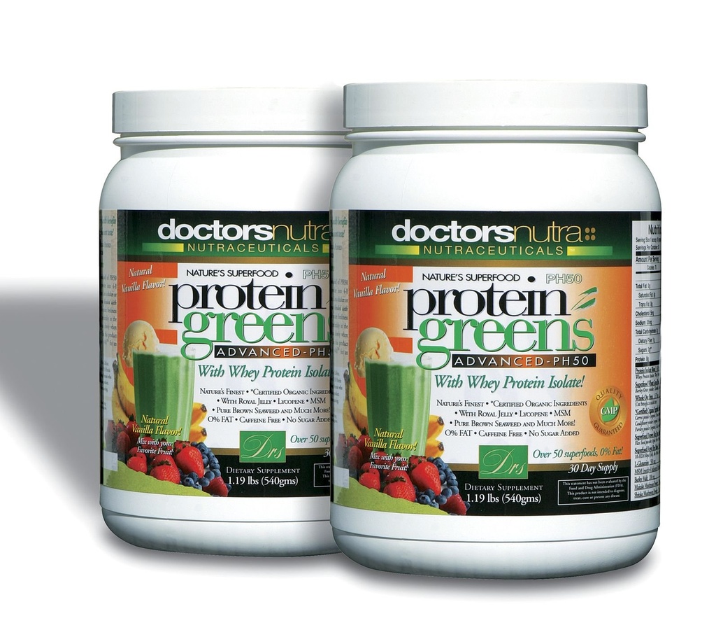 (Pack von 2) PH50 Protein Greens Drink mit zertifizierten organischen Zutaten von Ärzten Nutra Nutraceuticals, 1.19 Pfund (540 Gramm) 50 Superfoods, Verdauungsenzyme, natürliche Vanille Flavor