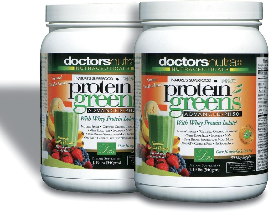 (Pack von 2) PH50 Protein Greens Drink mit zertifizierten organischen Zutaten von Ärzten Nutra Nutraceuticals, 1.19 Pfund (540 Gramm) 50 Superfoods, Verdauungsenzyme, natürliche Vanille Flavor