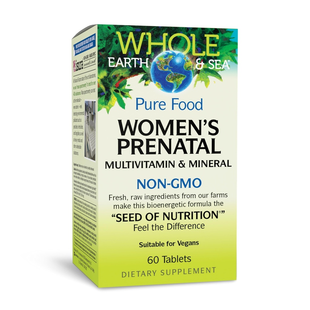 Facteurs naturels Terre et mer entières, Multivitamines prénatales et minéraux pour femmes, complément alimentaire entier, végétalien, 60 comprimés