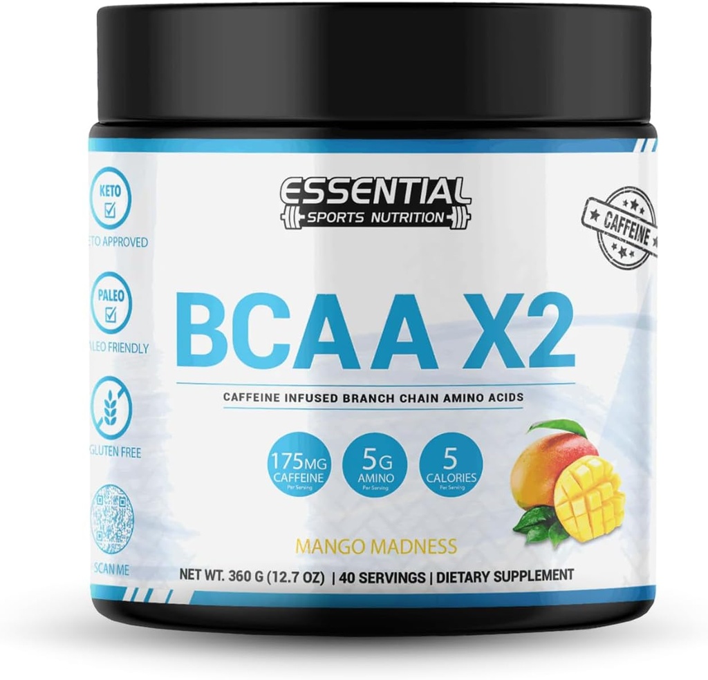BCAAs mit 175mg Koffein | 40 Servieren | Keto-Approved, Non-GMO, Gluten Free Supplement | Peach-Mango Flavor