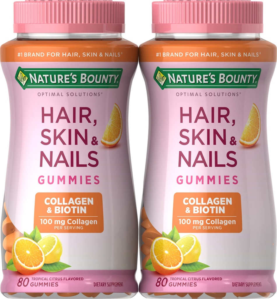 Nature's Bounty Biotin and Collagen, Citrus-Flavored Gummis, 80 Ct (2 Pack)