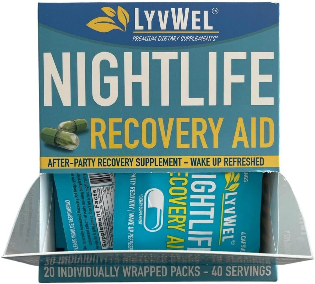 LyvWel Nightlife Recovery Carton | Rapid Morning Rejuvenation, Liver Support | DHM, Elektrolyte, B Vitamine - 20 Packungen, 40 Portionen