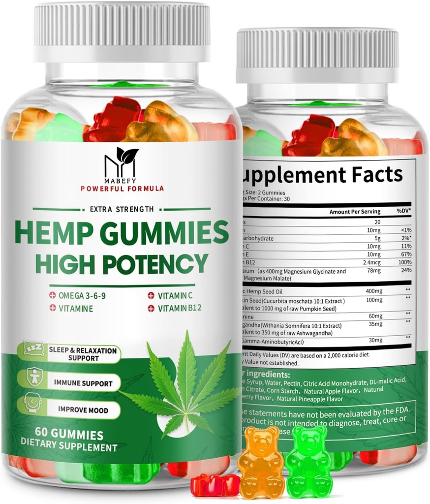2 Pack Hanfgummis für Schmerz, Schlaf, Entspannung - Extra Kraft mit Magnesium & Vitamine - High Potency Natural Hanf Öl Extrakt Supplement, Vegan Gummy Bears