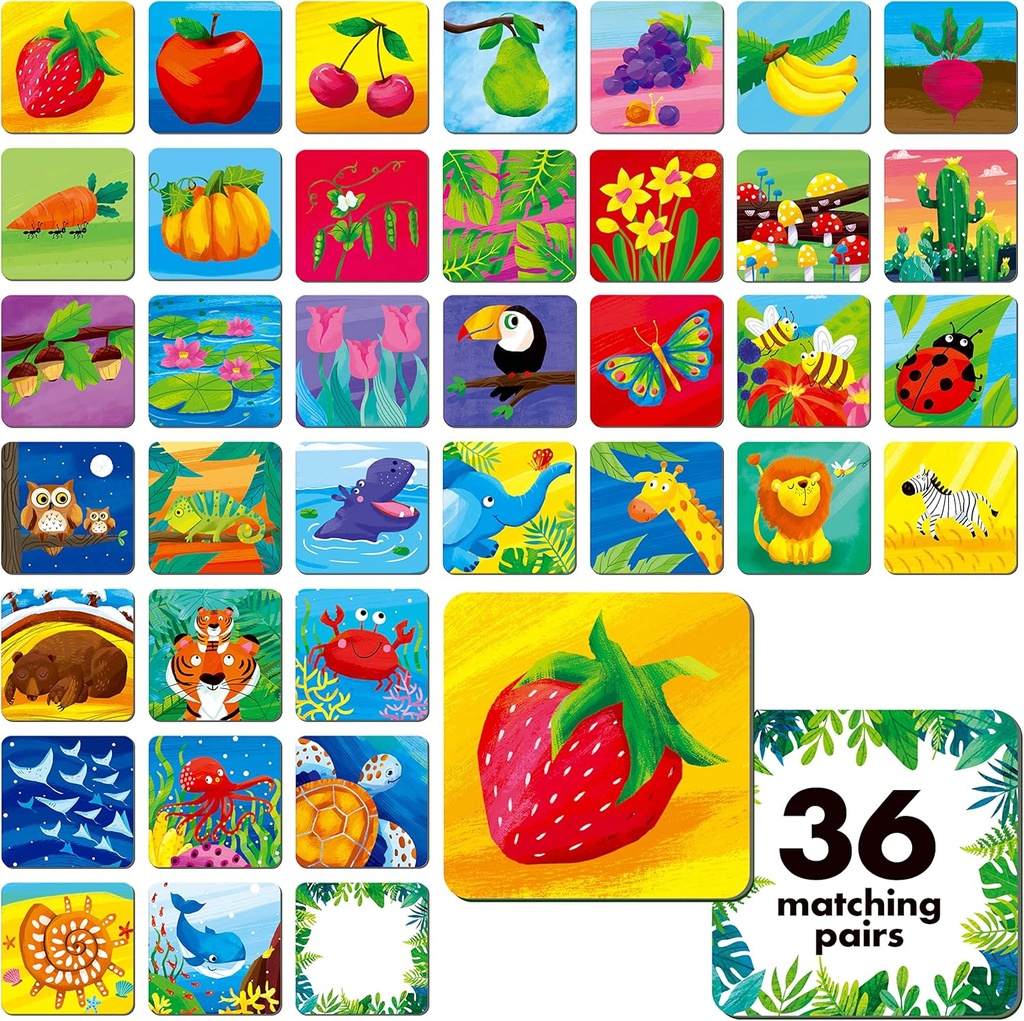 Jeu d'appariement de mémoire, 72 PCS Nature Thème Cartes d'appariement pour les tout-petits 36 paires Cartes de mémoire pour l'école maternelle 4 5 6 ans
