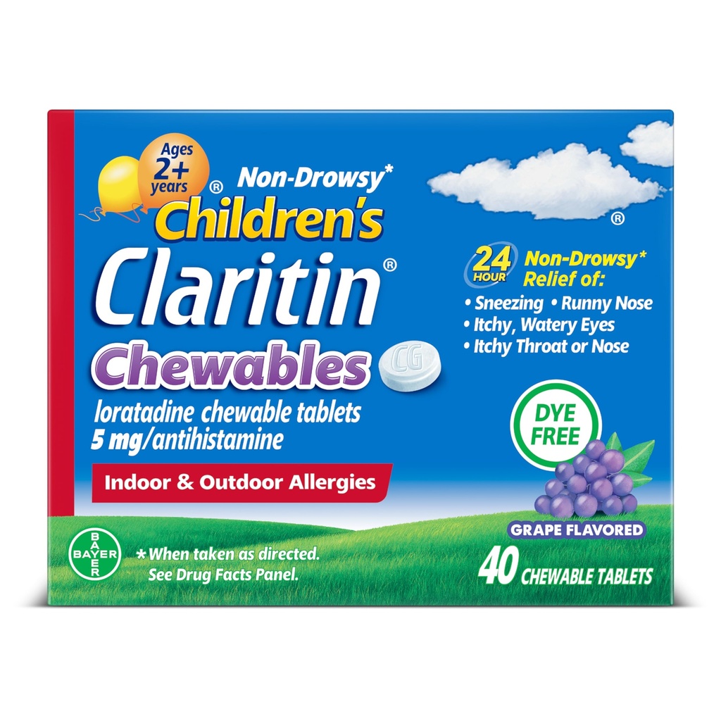 Claritin Kinderallergien Medizin, 24-Stunden-nicht-Drowsy Loratadine 5mg Kautablettt, Antihistamin für Kinder Alter 2 Jahre und älter, Grape Flavored, 40 Tabletten
