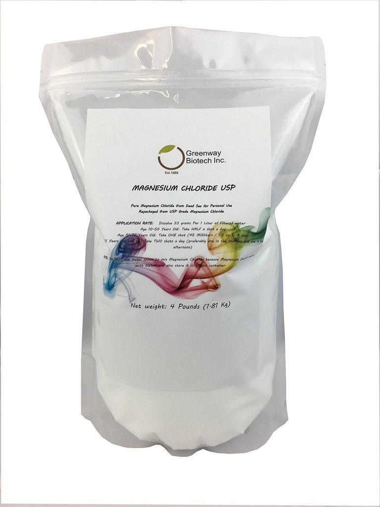 Greenway Biotech, Inc. Magnesium Chloride USP Supplement 100% Edible Cloruro de Magnesio Comestible Powder (Pharmaceutical Grade)- (4 Pfund)