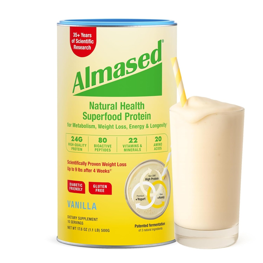Almased Vanille Meal Ersatz Shake - Low-Glycemic High Plant Base Protein Powder- Nutritional Weight Health Support Supplement - Vanilla Flavor - 17.6 Unze (1.1 Pfund (1 Pack)