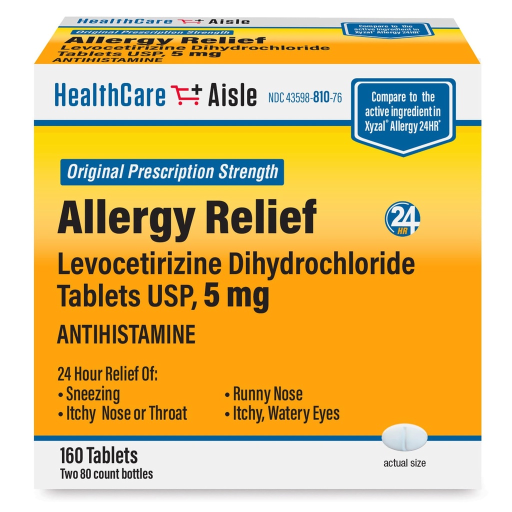 HealthCareAisle Allergy Relief - Levocetirizine Dihydrochlorid Tabletten USP, 5 mg, 160 Tabletten, Original Prescription Strength Allergy Medication, 24-Stunden-Relief, 80 Count (Pack von 2)