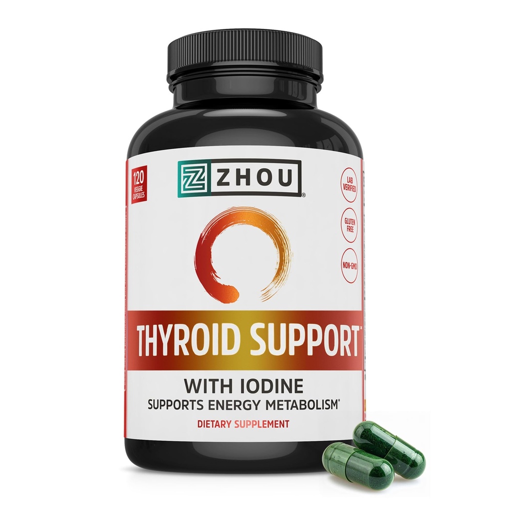 Zhou Schilddrüsen-Unterstützung - Schilddrüsen-Ergänzung für Frauen & Männer mit Zink, Iodine & Selen, Metabolic Health Thyroid Complex, Antioxidans-Unterstützung mit Aswagandha & Kelp - 120 Veggie Kapseln