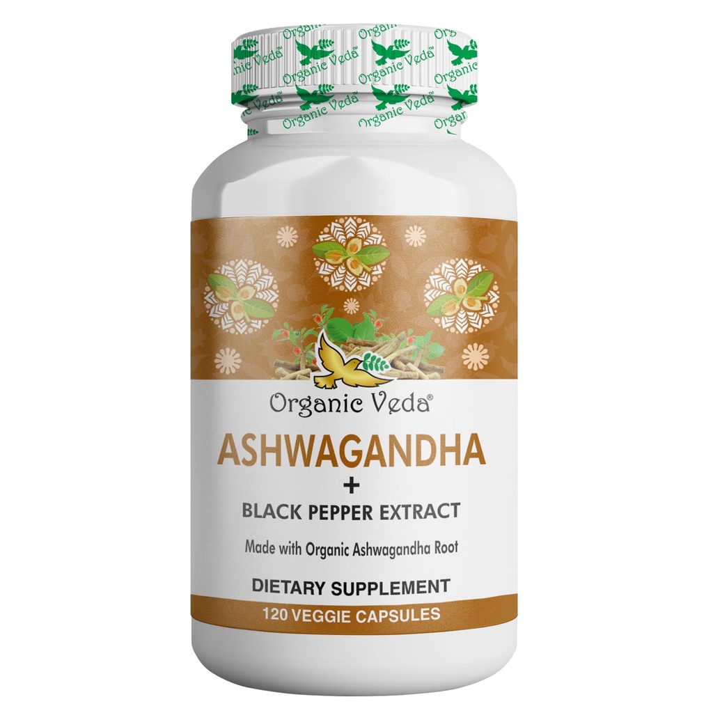 Bio Veda Ashwagandha Ergänzungen, 1500mg - Ashwagandha Kapseln mit schwarzem Pfeffer Extrakt - Hergestellt aus 100% Bio Ashwagandha Root - Mood Support Supplement & Energy, 120 Veggie