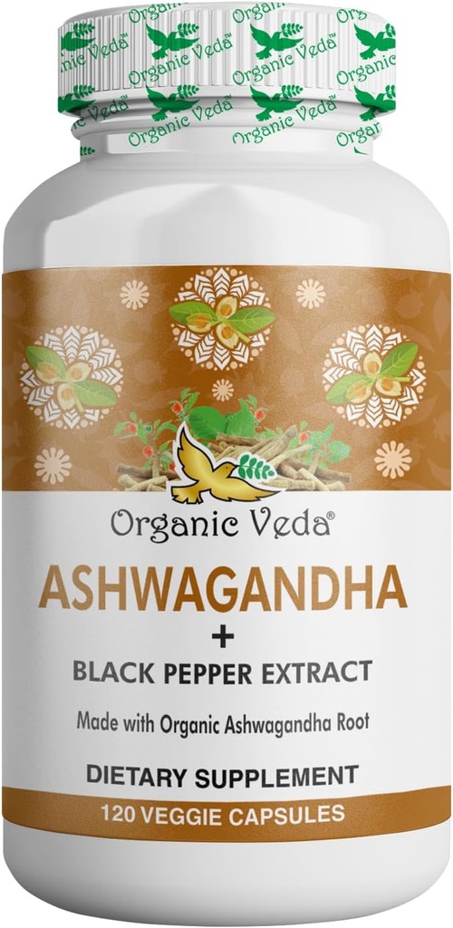 Organic Veda Ashwagandha Supplements, 1500mg - Ashwagandha Capsules with Black Pepper Extract - Made from Pure 100% Organic Ashwagandha Root - Mood Support Supplement & Energy, 120 Veggie