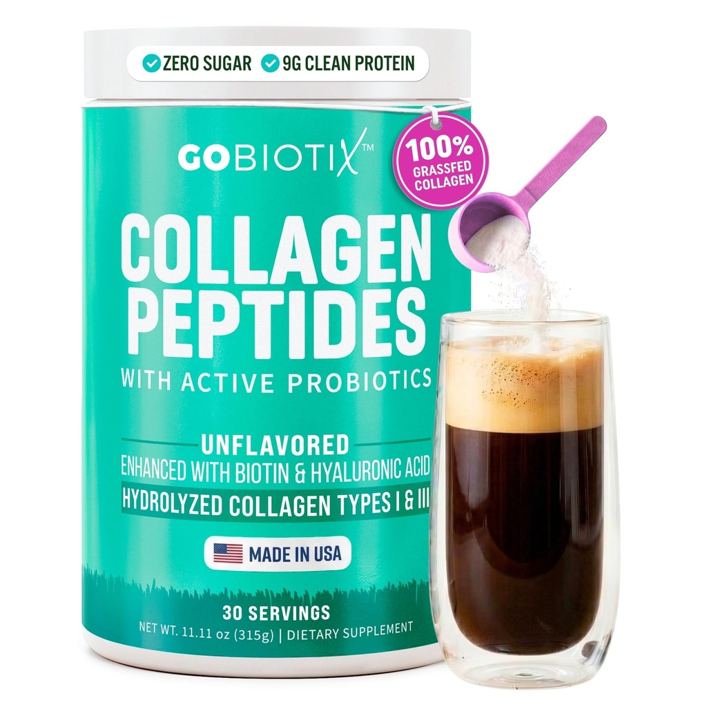 GOBIOTIX Collagen Powder Supplement mit Probiotika - Hydrolysiertes Protein Kollagenpulver für Damen - Haarhaut und Nägel, Gelenk- und Verdauungsgesundheit - Collagen Peptide Typ I und III - 30 Servietten