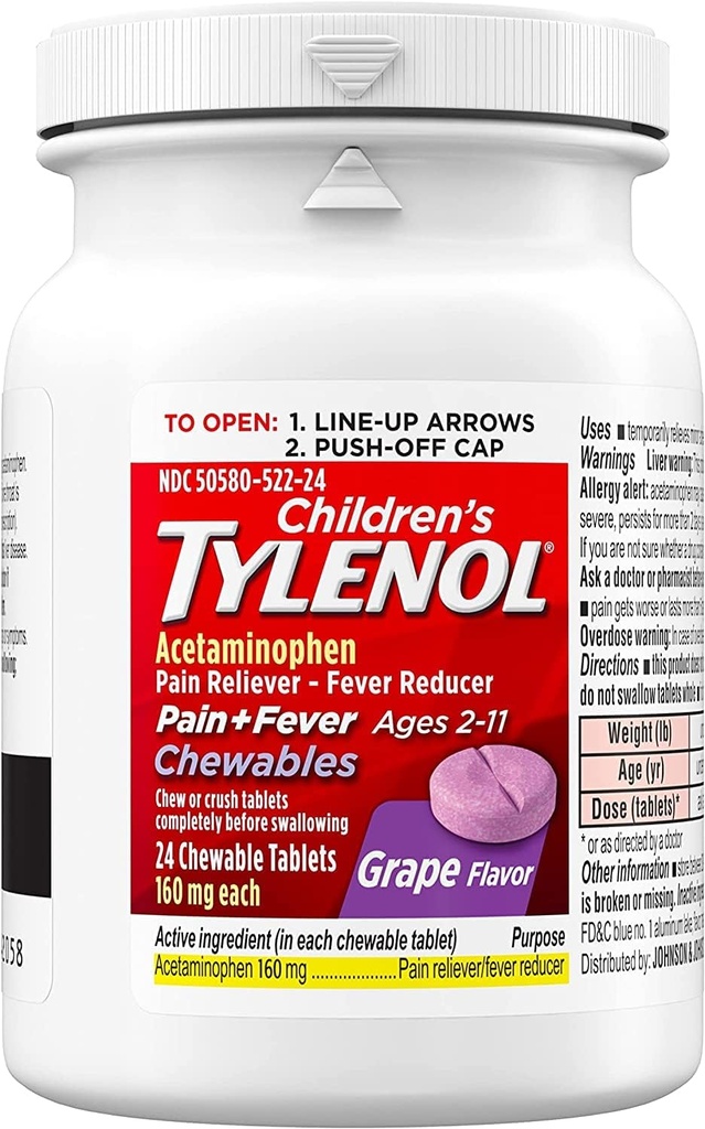 Tylenol Douleur des enfants plus fièvre, raisin, 24 comprimés à croquer (paquet de 2)