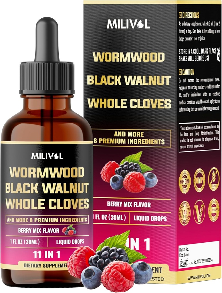 11in1 Black Walnut Wormwood Tincture Extrakt mit Ganzen Tüchern, Berberine und 8 Mehr - 2 Monate Versorgung - 1 Fl Oz - Berry Mix Flavor