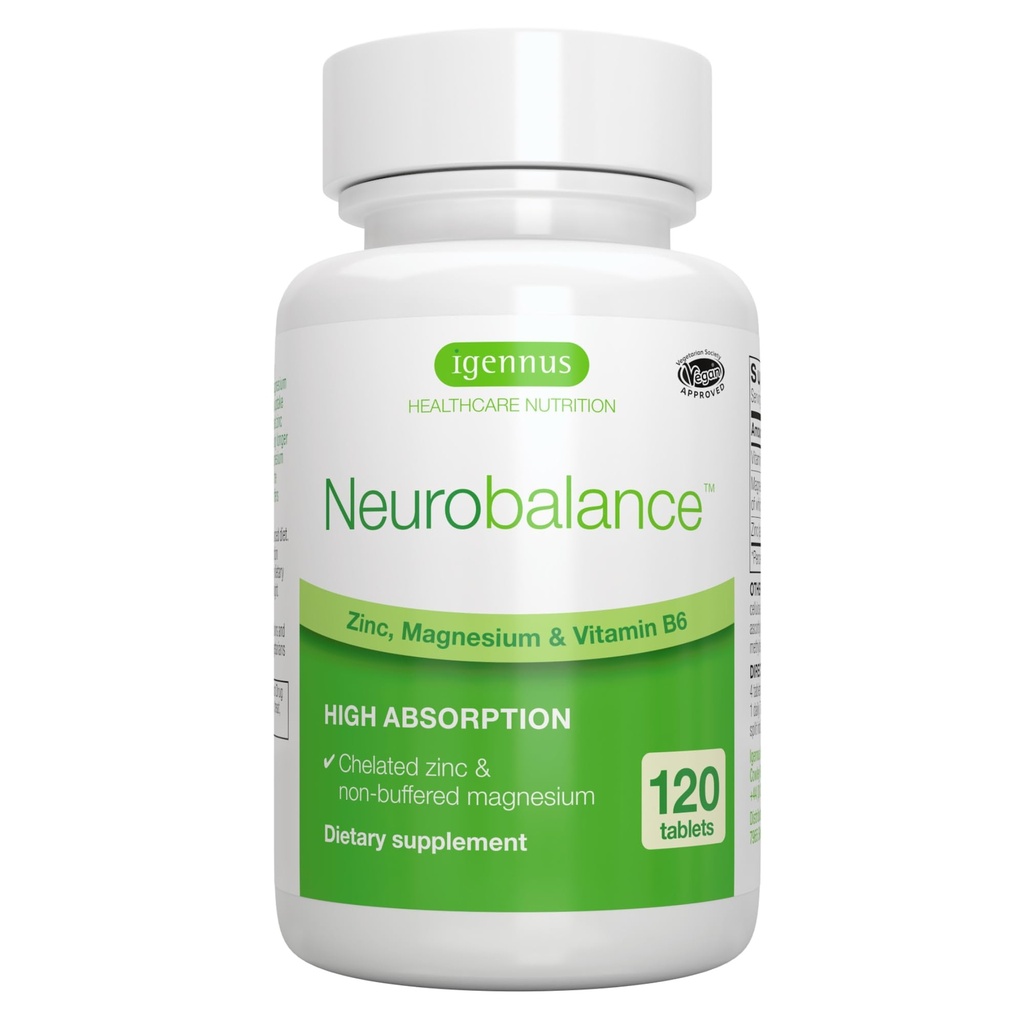 Igennus Neurobalance Magnésium de zinc et complexe de B6 formulé pour le soutien cognitif, la concentration et la relaxation calmes, 120 petits comprimés, haute absorption Zinc chélaté et Magnésium entièrement réacté, végétalien, non-OGM