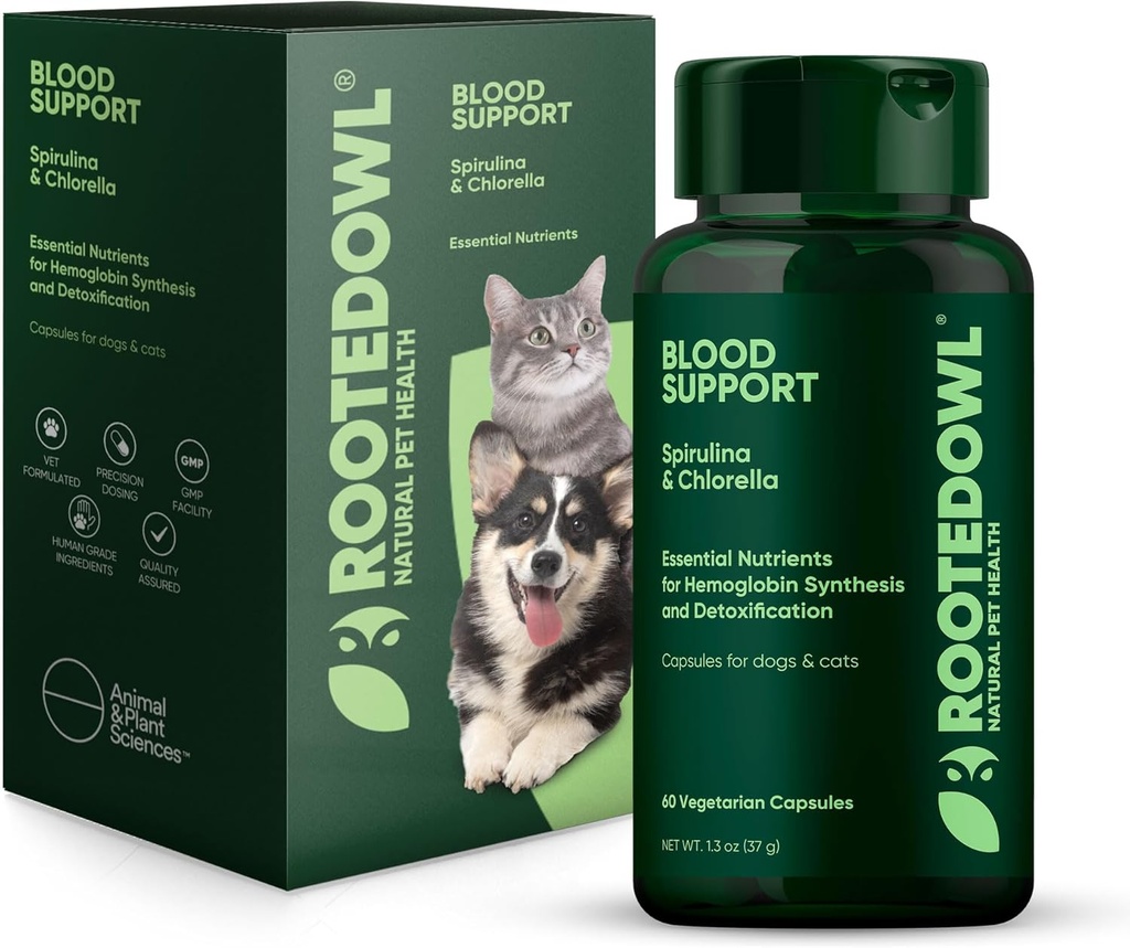 Rooted Owl Blood Support - Immunität, Erholung und Eisen Ergänzung für Hunde & Katzen - Anemia Unterstützung mit Spirulina und Chlorella - 60/ct Vegan Kapseln