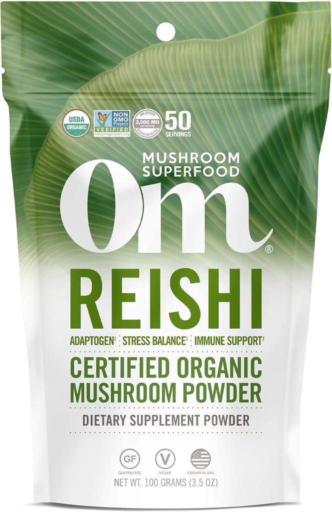 OM MUSHROOM SUPERFOOD Reishi Bio Pilzpulver, 3,5 Unze, 50 Portionen, Adaptogen, Stress & Immununterstützung, Superfood Pilzergänzung