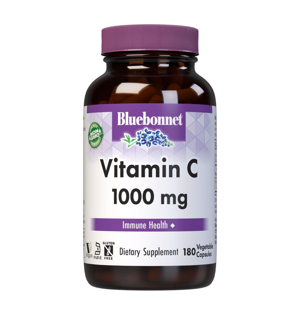 Bluebonnet Nutrition Vitamine C 1000 Mg Capsules végétales, acide ascorbique, pour la santé de la peau immunitaire, végétalien, végétarien, non OGM, sans gluten, sans soja et sans lait, casher, 180 Compte