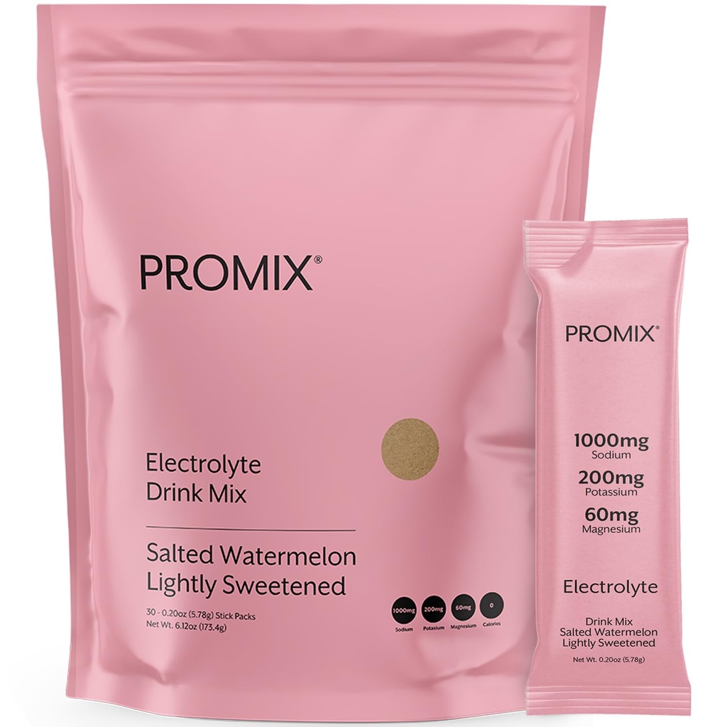 ProMix Nutrition Electrolytes Packs d'hydratation en poudre - sel rose himalayen, magnésium, potassium, vitamine C - pastèque salée, légèrement sucrée - 30 portions (paquet de 30)
