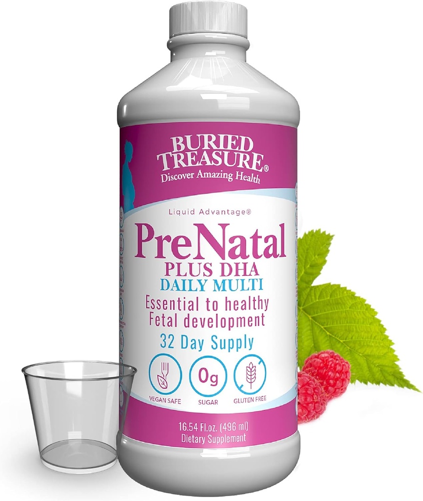 Buried Treasure Prenatal Plus DHA Complete, 16 oz Orange Banana Flavor, High Potency Liquid Formel Supplement für Vor, Während, Post Pregnancy, Natürliche DHA Omega3 Eisen Vegetarisch Safe w/Dose Cup