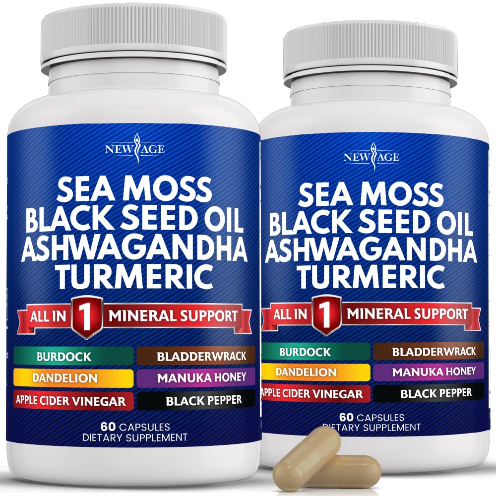 NEU AGE Sea Moss Capsules Black Seed Oil Ashwagandha Turmeric Bladderwrack Burdock - mit Manuka, Honey Dandelion, ACV Black Pepper Gluten Free