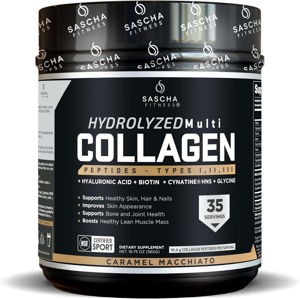 SASCHA FITNESS hydrolysierte Multi Collagen Peptide Tipps 1,2 & 3 |HyaluronsäuresBiotin |Cynatine HSN|Vitamin C & E |for Hairs, Haut & Knochen SupportsCaramel Macchiato