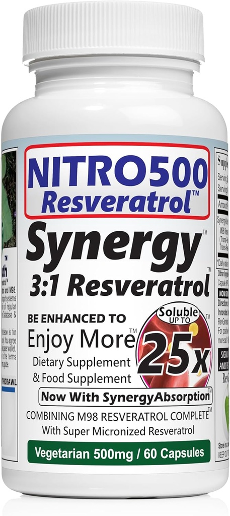 Nitro Synergy Resveratrol (Nitro500) mit bis zu 25x Löslichkeit - 60 vegetarische Kapseln - 30 Portionen - 500 mg pro Portion