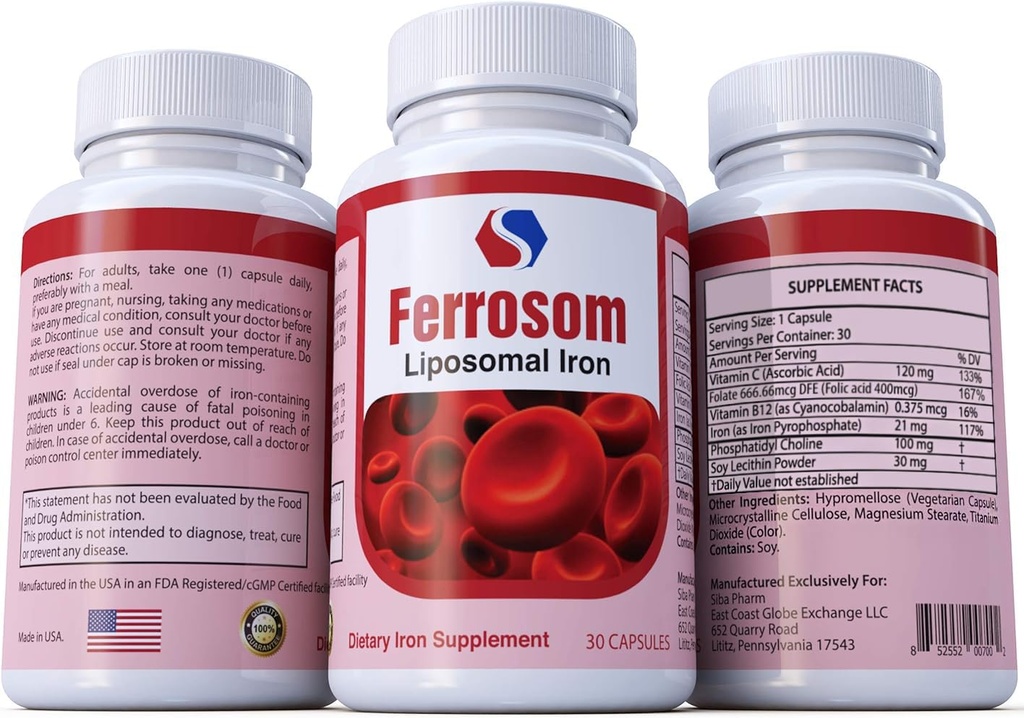 Liposomale Eisen-Ergänzungen von Siba Pharm | Ferrosom Dietry Eisen Vitamins-Ergänzung | Reich an Vitamin C, B12, Folic Acid| Non GMO, Vegan, Premium Qualitys Hilft New Blood Cell Production | 30 Kapseln