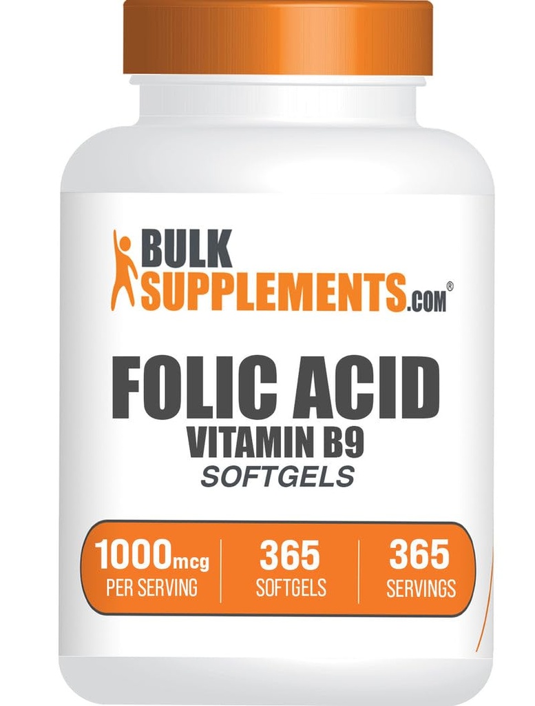 BulkSupplements.com Folsäure Softgels - Vitamin B9, Folsäure 1000 mcg, Folsäureergänzung - Glutenfrei, 1 Softgel pro Servierung, 365 Count (Pack von 1)