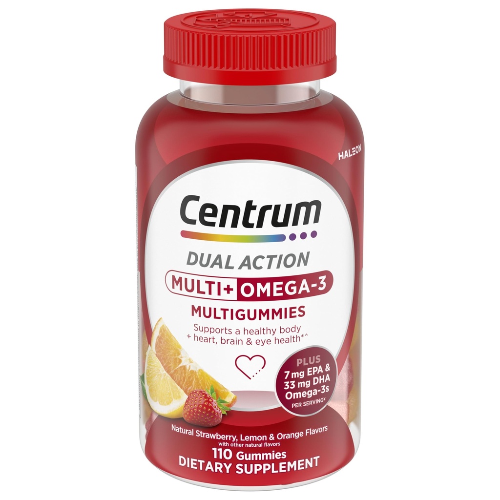 Centrum MultiGummies Multi+ Omega 3 Dual Action, Adult Multivitamin, Multivitamin/Multimineral/Omega 3 Supplement, Erdbeer/Lemon/Orange Flavors - 110 Count